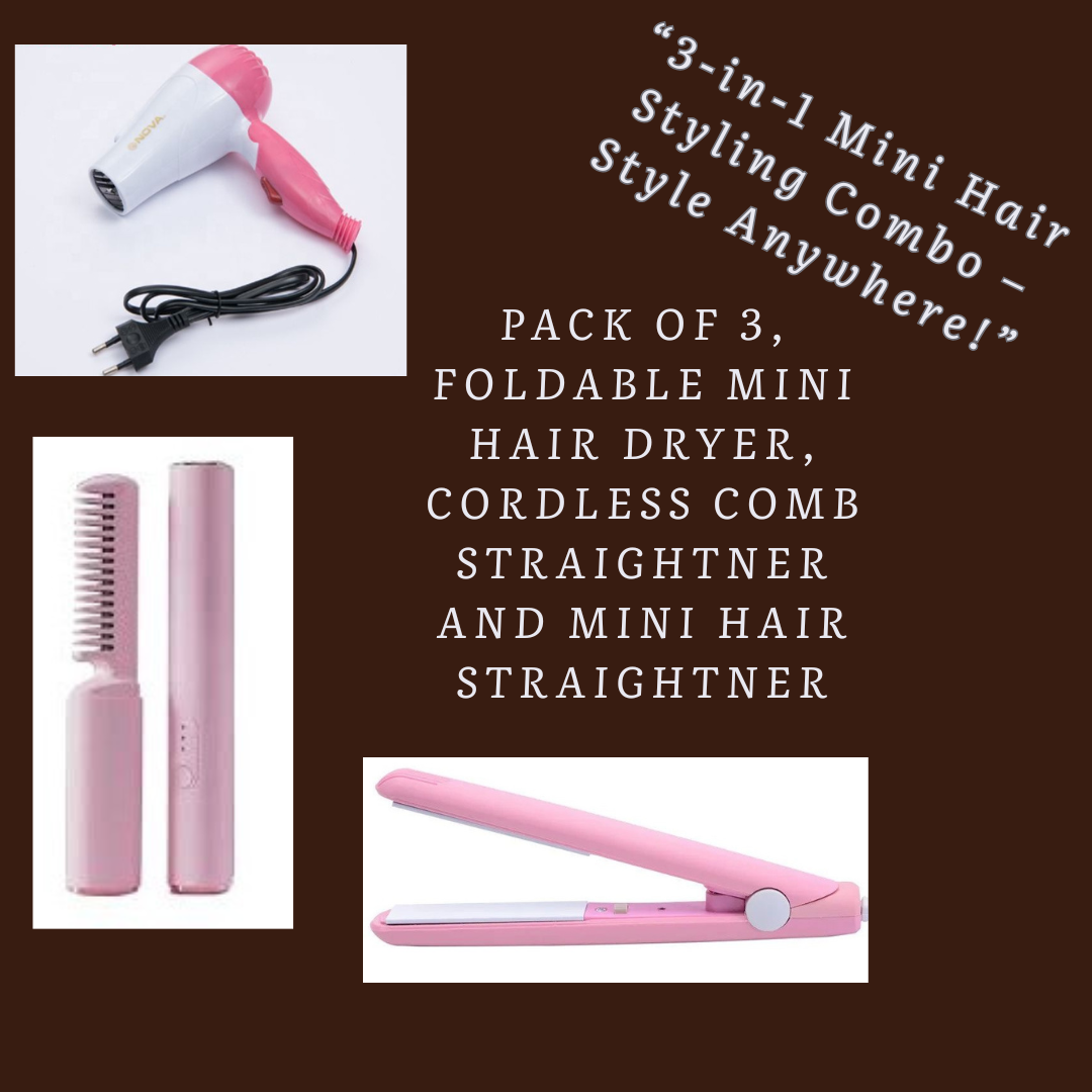 Pack of 3- Mini Hair Straightener, Mini Hair Dryer and Cordless Comb Hair Straightener